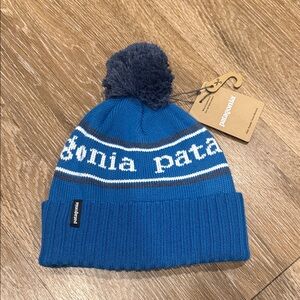 Patagonia Kids Blue Knit Beanie with Pom-Pom